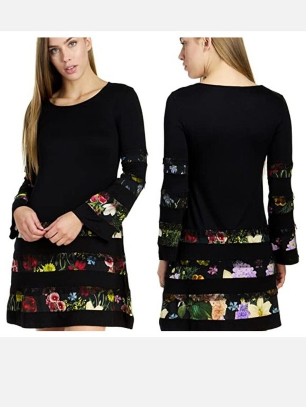 Desigual Paloma Black Floral Bell Sleeve Shift Dress Artsy Boho S